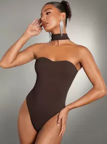 SHEIN BAE Solid Halter Neck Bodysuit,Valentine's Day,Valentine Outfits For Women - Coffee Brown - View 4