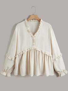 Celure Plus Frill Trim Flounce Sleeve Blouse Peplum Top - Beige - View 4