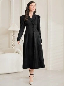 Modelyn 女士鈕扣立領連身裙 - 黑色 - 查看 1