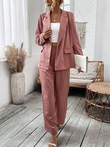 SHEIN Privé Sọc Cổ áo tây DOUBLE-BREASTED Bộ đồ Bộ - Bụi hồng - Xem 6