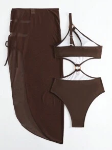 Swim SXY Summer Beach Hollow Out Detail Two Piece Swimsuit - Coffee Brown - View 2