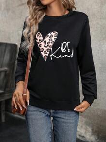 SHEIN LUNE Women's Leopard Print Heart Pattern Long Sleeve Sweatshirt - Black - View 6