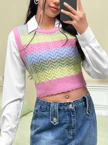 SHEIN EZwear Vòng cổ Sọc Không tay Dệt kim Áo - Nhiều màu - Xem 4