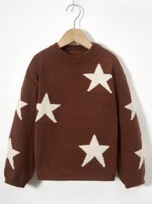 SHEIN Cô gái In Sao Áo len Áo chui đầu - màu nâu - Xem 1