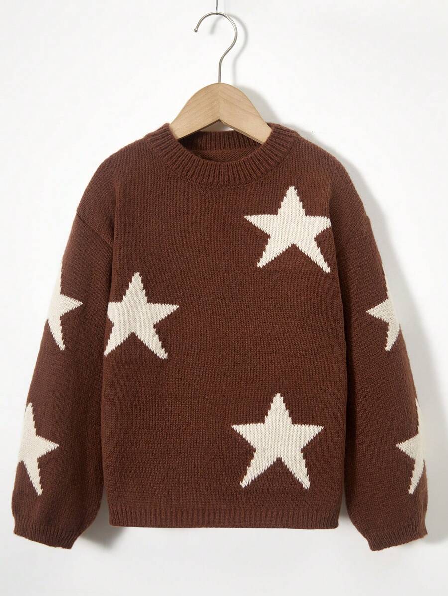 SHEIN Cô gái In Sao Áo len Áo chui đầu - màu nâu - Xem 1