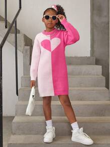 SHEIN 女大童愛心圖案雙色落肩袖毛衣洋裝 - 玫紅色 - 查看 3