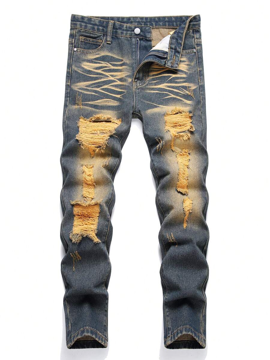 Quần jean denim cổ điển đau khổ của Tween Boys với hiệu ứng giặt - Rửa trung bình - Xem 1