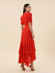 SHEIN Privé 3D Flower Patched Ruched Puff Sleeve Layer Hem Dress Without Belt - Red - View 3