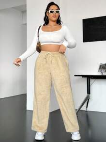 SHEIN EZwear Plus Drawstring Waist Flannel Pants - Khaki - View 5