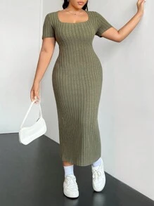 SHEIN EZwear Plus Scoop Neck Ribbed Knit Bodycon Dress - Green - View 1