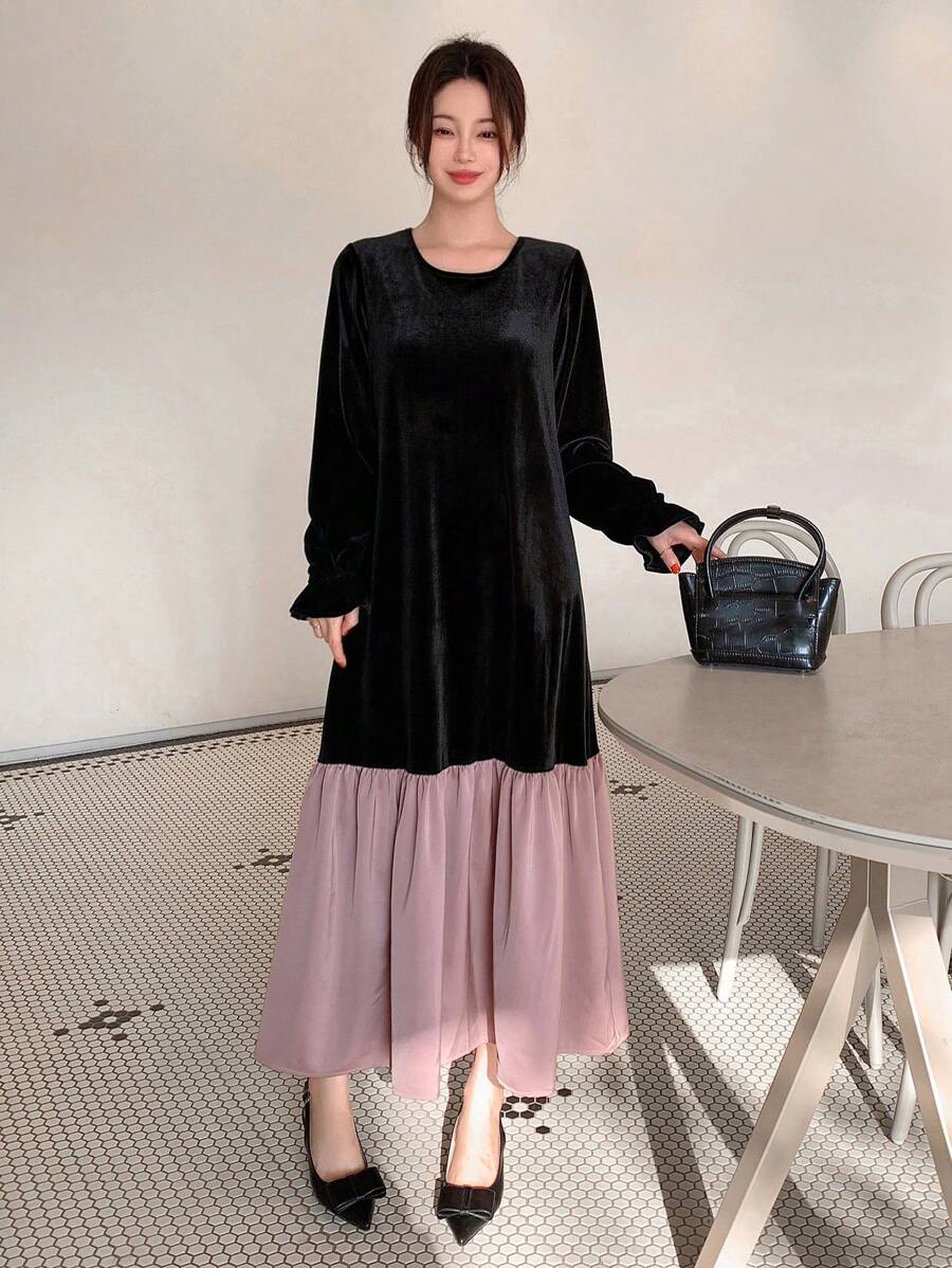 Dazy Star 女士色塊絨面優雅連衣裙 - 黑色 - 查看 1