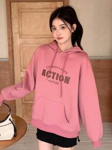 Dazy Star Đồ họa Chữ cái Thả vai Dây rút Hoodie - Hồng - Xem 1