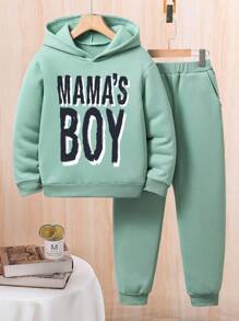 Tween Boys 2pcs Set: Letter Print Hoodie & Sweatpants - Green - View 1