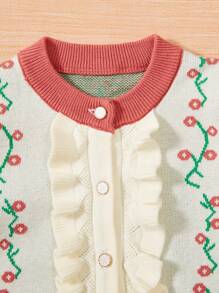 Baby Girls' Flower Pattern Round Neck Cardigan With Floral Lace & Button Design - Red Violet - View 5