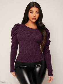 SHEIN SXY Women's Solid Color Leg-of-mutton Sleeve T-shirt - Purple - View 5