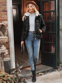 SHEIN LUNE Women's Solid Color Long Sleeve Zipper Stand Collar Casual Padded Padded Coat, Winter Clothes - Black - View 5