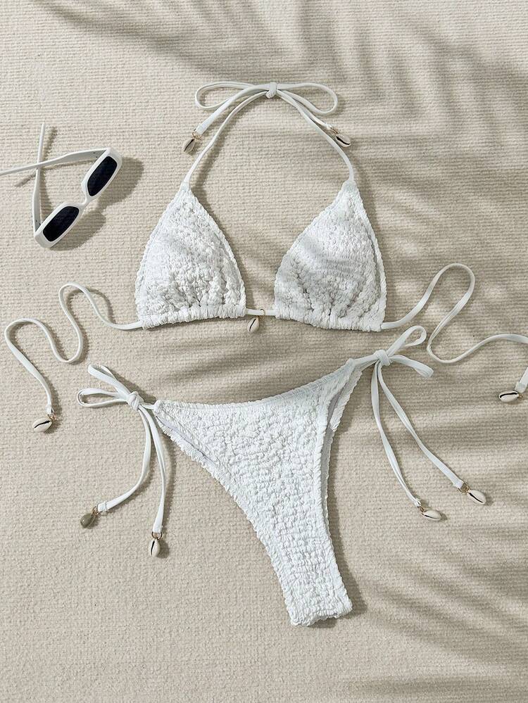 Solid Color Triangle Cup Halter Neck Tie Bikini Set Summer