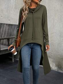 Drawstring Hooded Sweatshirt With Short Front And Long Back Hem - Army Green - View 1