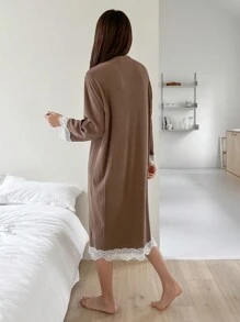 DAZY Women's Patchwork Lace Button Up Robe - Brown - View 2