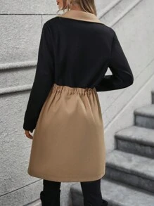 SHEIN LUNE 女款拼色羊毛夾克,腰部帶束繩設計 - 卡其色 - 查看 2