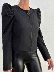 RueChic Puff Sleeve Zip Up Crop Jacket - Black - View 5