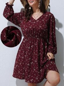 SHEIN LUNE Plus Ditsy Floral Print A-line Dress - Maroon - View 7