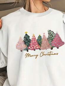 大尺碼女士圓領毛絨聖誕樹印花運動衫 - 白色 - 查看 5