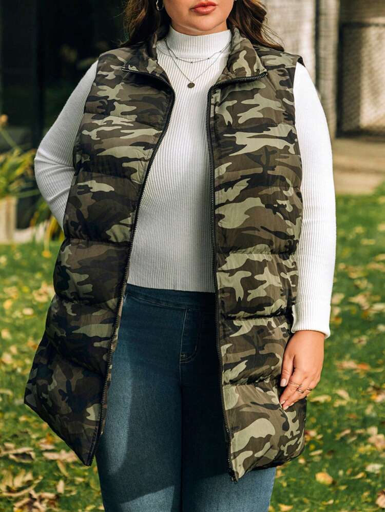 Camouflage Design Plus Size Sleeveless Winter Vest For Women