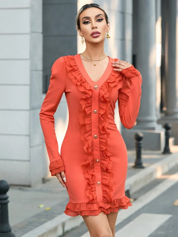 Frill Edging Decoration One Button Bodycon Dress