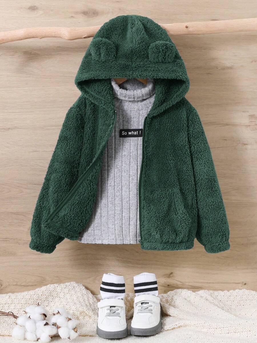 SHEIN Young Boy Zip Up 3D Ears Design Hooded Teddy Jacket Without Tee - Dark Green - View 1