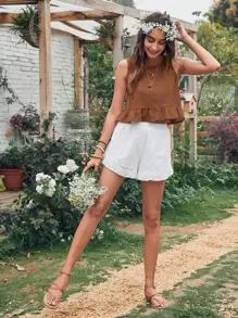 Breezaya Blusa sin mangas con volantes en el bajo, Blusas sin mangas - Marrón - Ver 6