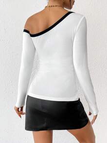 SHEIN Privé Áo thun nữ có viền tương phản bất đối xứng - trắng - Xem 3