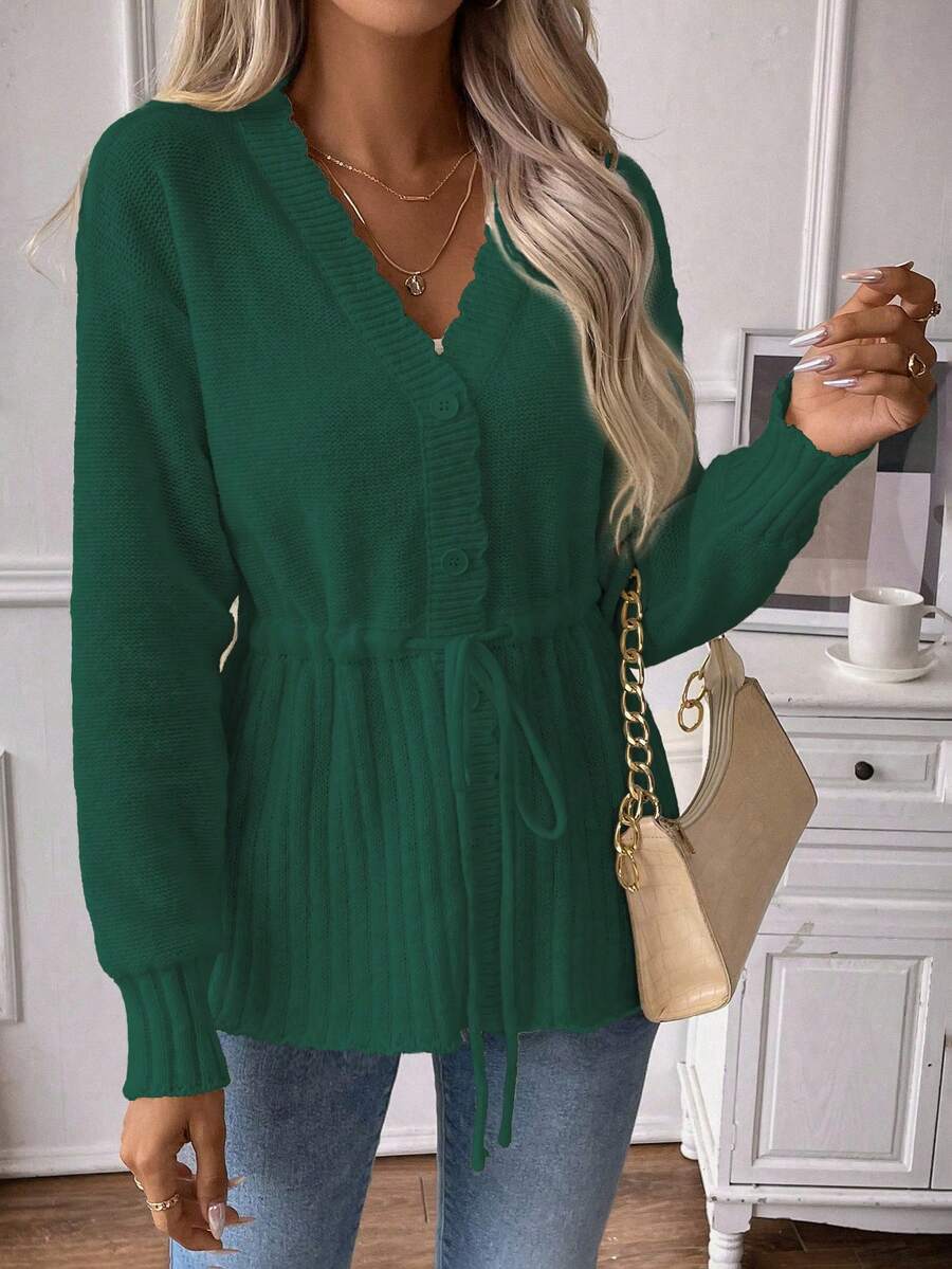 SHEIN Clasi Drawstring Waist Button-up Cardigan - Green - View 1