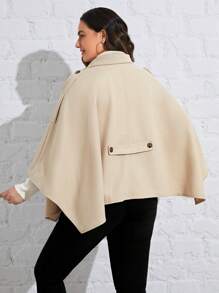 SHEIN Privé 大尺碼披風風格羊毛外套,採用前綁帶設計 - 卡其色 - 查看 2