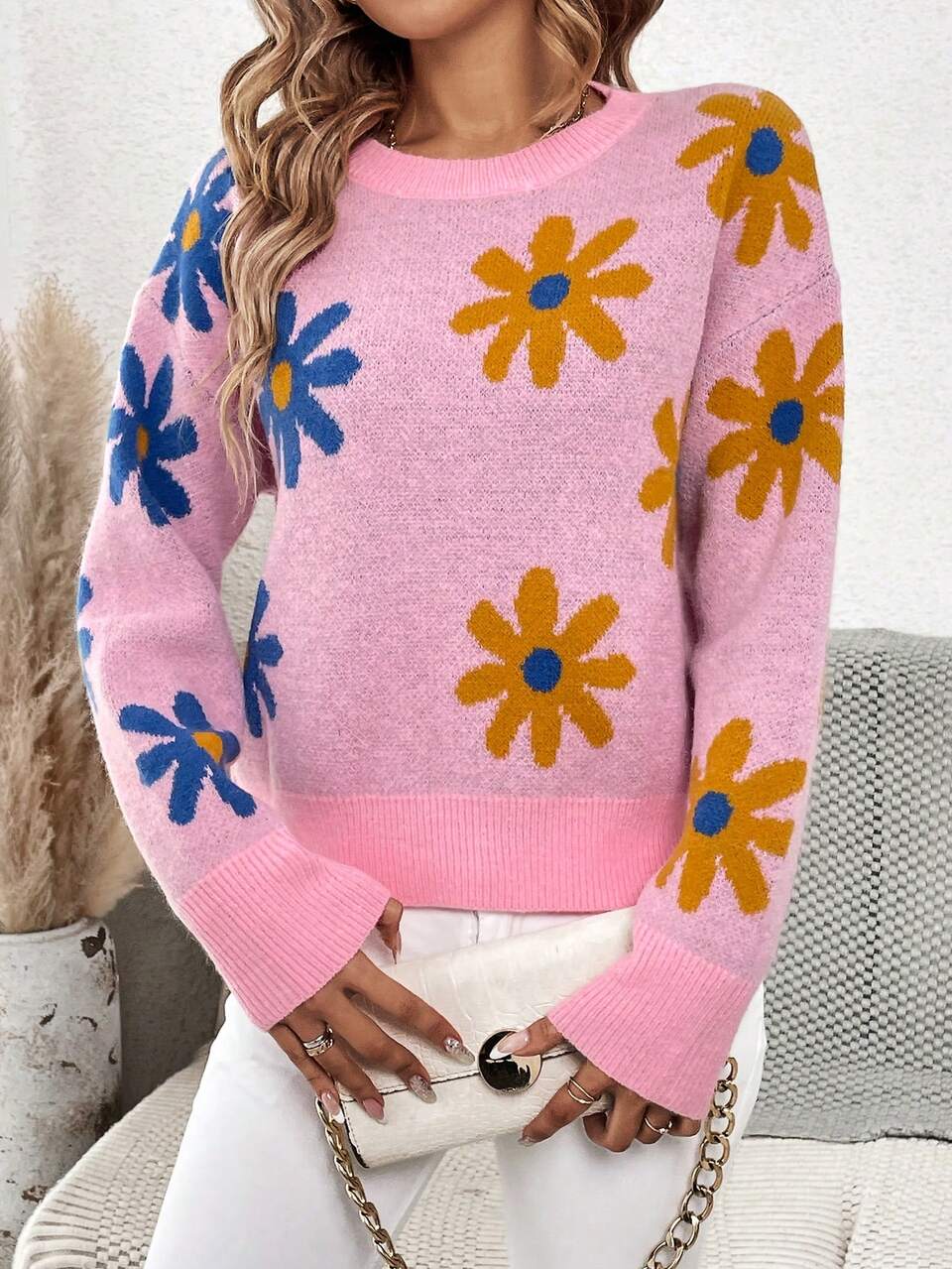 Flower Pattern Sweater Pullover Knit Pullover Fall Winter Sweater