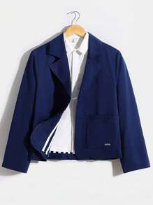 SHEIN Teen Boy Lapel Neck Dual Pocket Patch Detail Jacket - Black - View 1