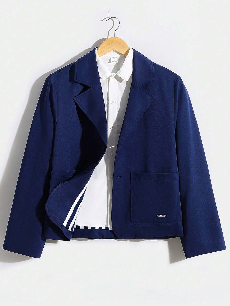 SHEIN Teen Boy Lapel Neck Dual Pocket Patch Detail Jacket - Black - View 1