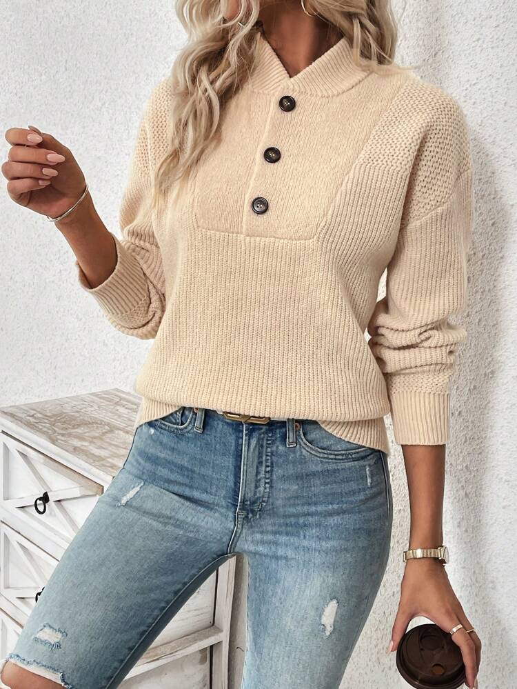 Half Button Drop Shoulder Knit Pullover Fall Winter Sweater