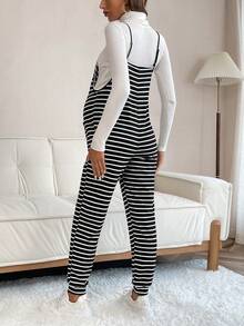 SHEIN Maternity Striped Print Overall Jumpsuit Without Tee - Black and White - View 2