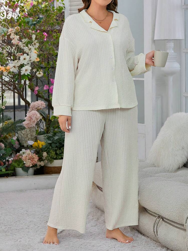 Plus Size Women's Apricot Knitted Fabric Pajama Set Casual Drop Shoulder Collar Top & Pant Loungewear