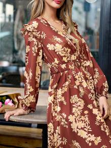 SHEIN Frenchy 女士花卉印花燈籠袖腰帶連衣裙 - 彩色 - 查看 9