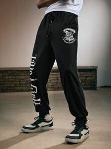 ROMWE MEN Harry Potter | ROMWE Men Letter Print Drawstring Sweatpants - Black - View 2