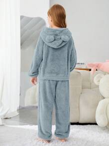 SHEIN Cô gái Tween Thêu Chữ Thiết kế tai 3D áo có mũ Flannel Bộ hoodie & Quần PJ - Màu xanh bụi bặm - Xem 2