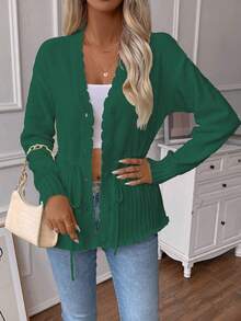 SHEIN Clasi Drawstring Waist Button-up Cardigan - Green - View 3