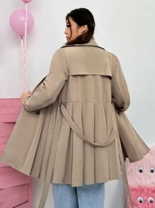 SHEIN MOD Plus Double Breasted Pleated Hem Belted Coat - Khaki - View 3