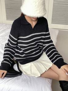 DAZY 女用條紋拼色 V 領套頭毛衣 - 彩色 - 查看 4