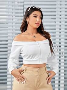SHEIN EZwear Women's Off Shoulder White Sweatshirt - White - View 5