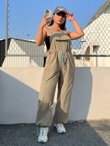 SHEIN EZwear Talla grande Mono overol de cintura con cordón con bolsillo con solapa sin top tubo - Verde militar - Ver 5