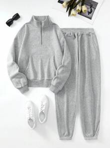 SHEIN EZwear 女性素色半拉鏈運動衫和長褲套裝 - 灰色 - 查看 1