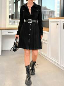 EURMUSE Vestido Vaquero Negro Para Mujer Con Diseño De 2 Bolsillos Y Botones En La Parte Delantera - Negro - Ver 3